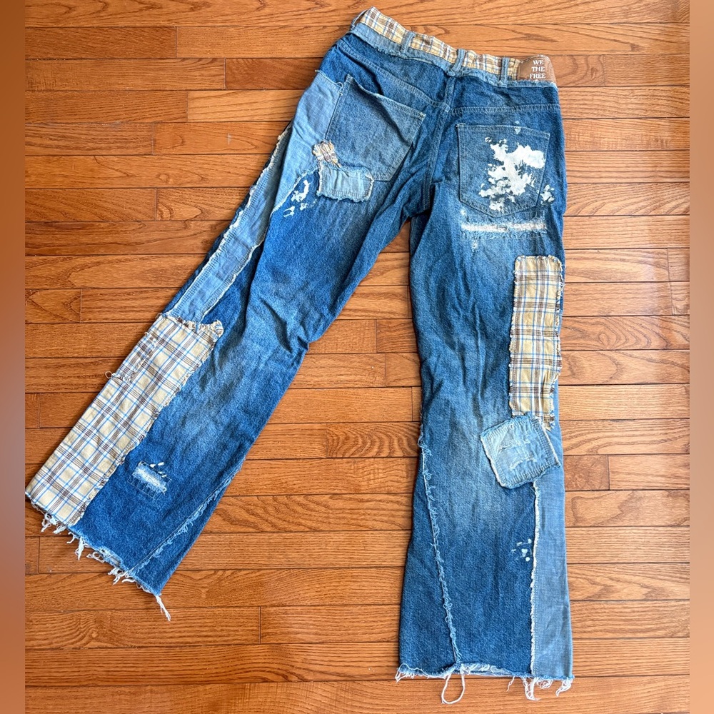 Free People Blue Distressed Patchwork Jeans with Plaid Accents - Picture 2 of 9